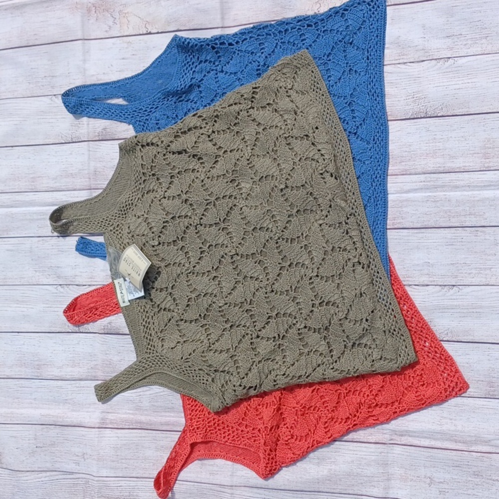 Crochet Knit Tank Tops in Red, Tan, and Blue